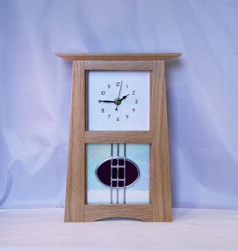 Oak Mantle Clock with Leaded Glass Panel (Tall)
